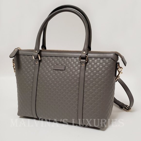 GUCCI BAG 449656 GRAY MICROGUCCISSIMA GG LOGO LEATHER TOTE w STRAP MEDIUM - Picture 7 of 16